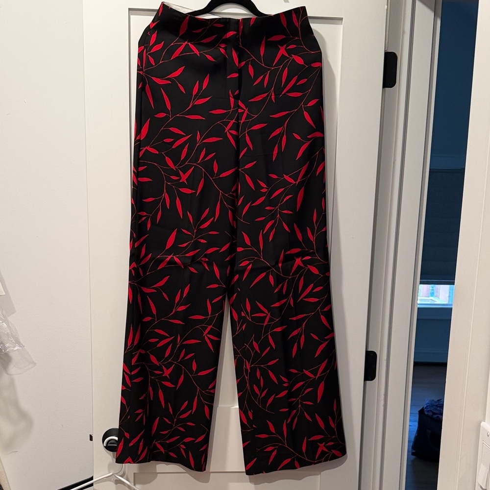 Wide Leg Black Pants with Red Leaf Pattern